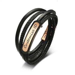 Men’s Leather Bracelet Customized ID Multi-Layer Braided Link Chain