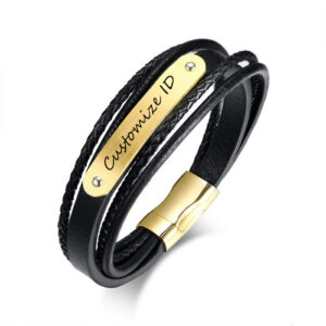 Men Engraving ID Bracelet Stylish Black Braided Leather Bangles
