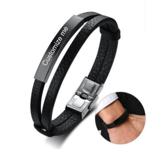 Men Black Personalized Leather Bracelets Engraving Customize Info