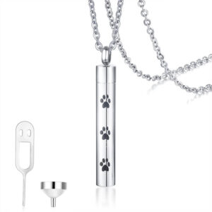 Pet Dog Cylinder Keepsake Memorial Cremation Urn Necklace Jewelry For Ashes Paw Print Pendant
