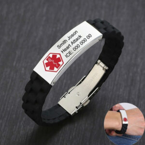 Silicone Wristband for Men Personalize Medical Alert Bracelet Stainless Steel ID Tag Bracelets