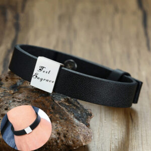 Men's Stylish Black Leather Personalized ID Bracelets