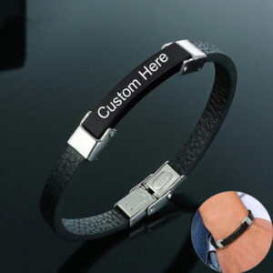 Men Personalized ID Bracelets Leather Bangle Custom Gents Father Husband Gift