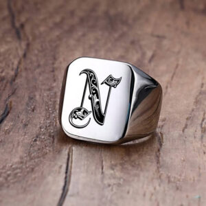 Retro Initial Ring for Men Bulky Heavy Stamp Letters Band Custom Gift for Him
