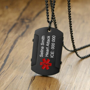 Personalize Black Medical Alert ID Pendant for Men Stainless Steel Thick Dog Tough Man Tag Necklace