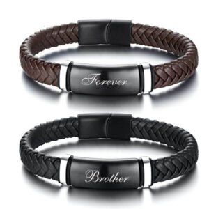 Men's Personalized Leather Bracelets with Black ID Bar Custom Jewelry