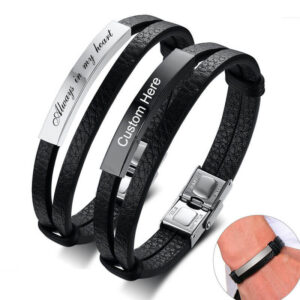 Men's Personalized Leather Bracelets ID Bangle Casual Wristband to Him Husband