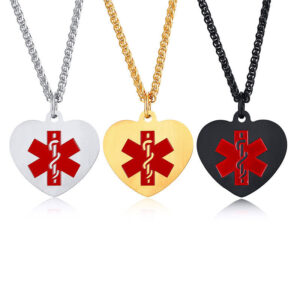 Stainless Steel Medical Alert ID Logo Pendant Heart Shape Tag Fashion Personalized Necklace